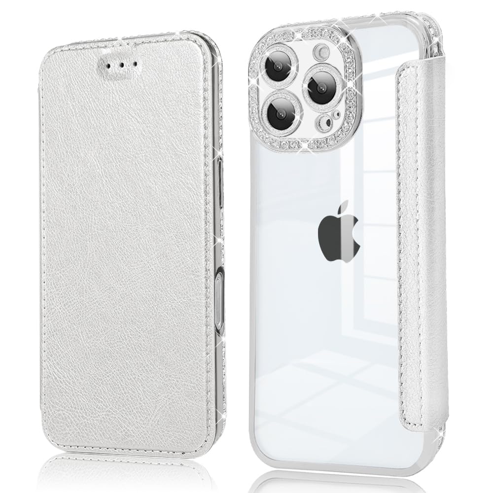 YUYIB スマホケース 対応 iPhone 16 Pro ケース 手帳型 クリア 透明 キラキラ ドリル ブリンブリン メッキ加工 かわいい 高級なPUレザー+TPU ソフト 衝撃吸収 軽量薄型 ブランド アイフォン16プロ 手帳型 ケース (シルバー, iPhone16 Pro)