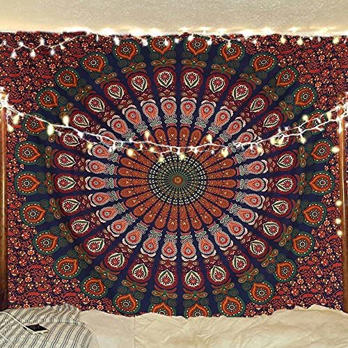 Bless International Indian hippie Bohemian Psychedelic Peacock Mandala Wall hanging Bedding Tapestry (Golden Blue, Twin (54x72Inches)(140x185cms))