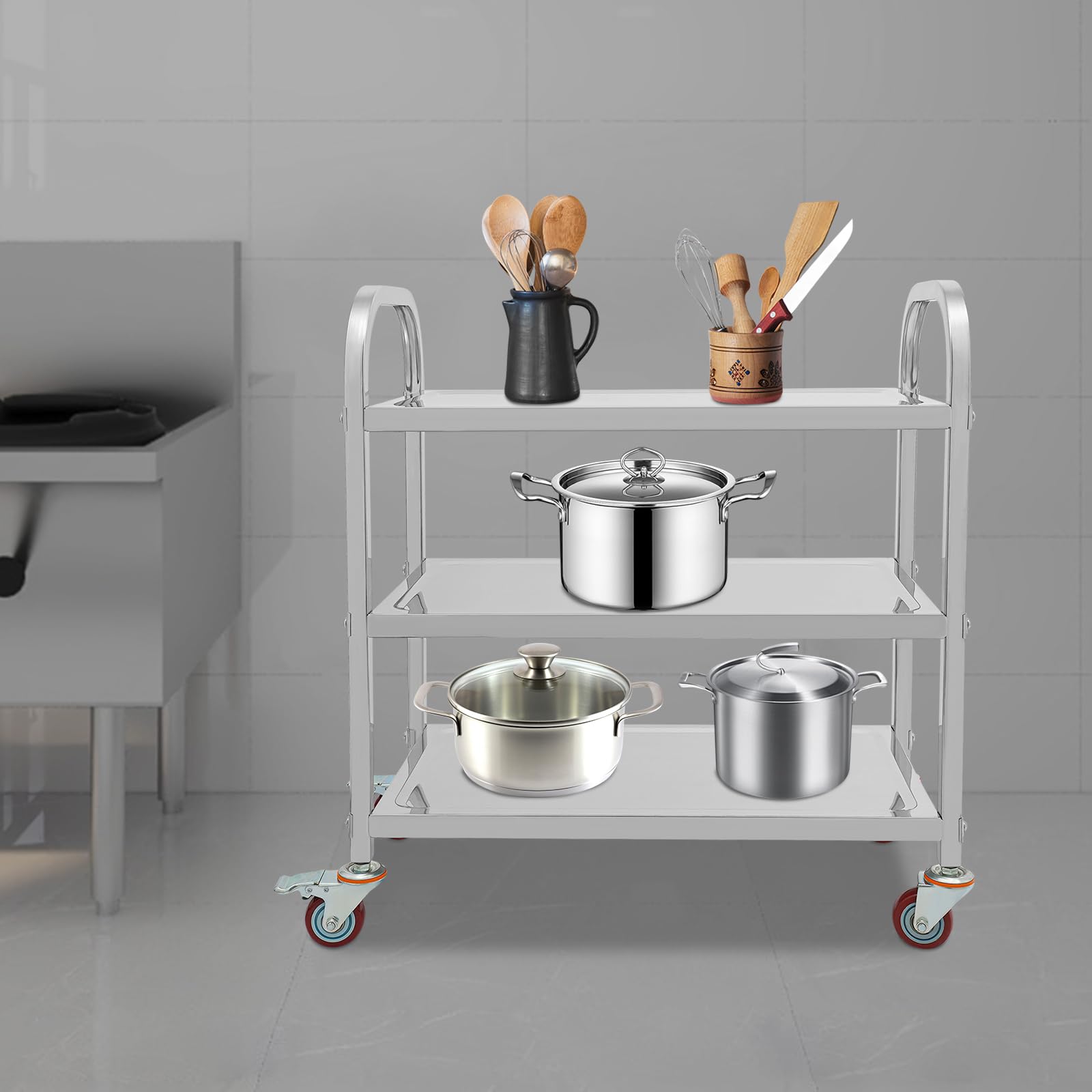 Carrito rodante de acero inoxidable de 3 niveles, carrito de cocina móvil con ruedas, solución versátil para uso doméstico, restaurante y hotel, duradero y elegante