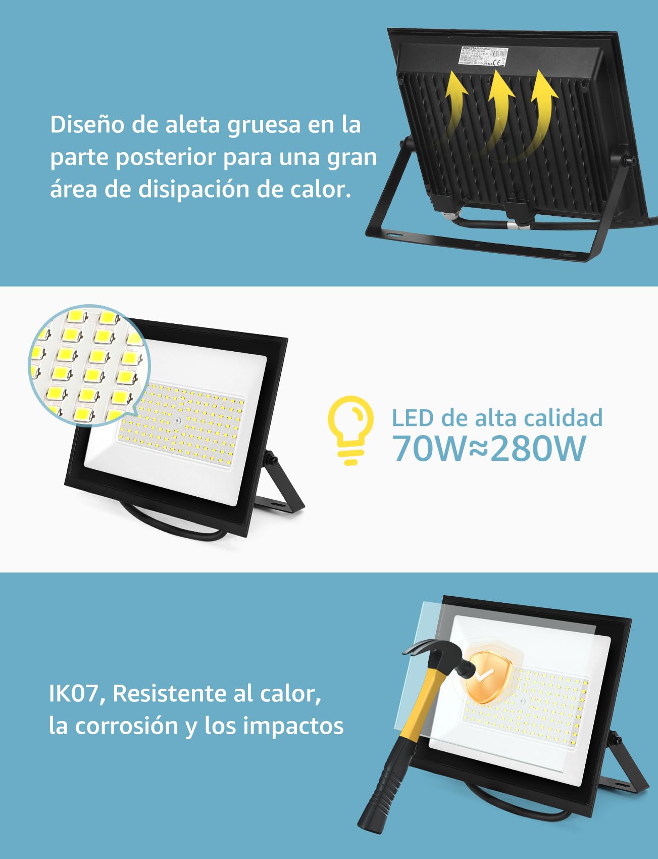 Aigostar Foco LED Exterior 70w 6300LM, Impermeable IP65,6500K, 10pcs | Foco Proyectore LED Exterior Impermeable IP65 Focos LED Exterior 6500K Blanco Frío para Garaje,Jardín,Patio,Parque