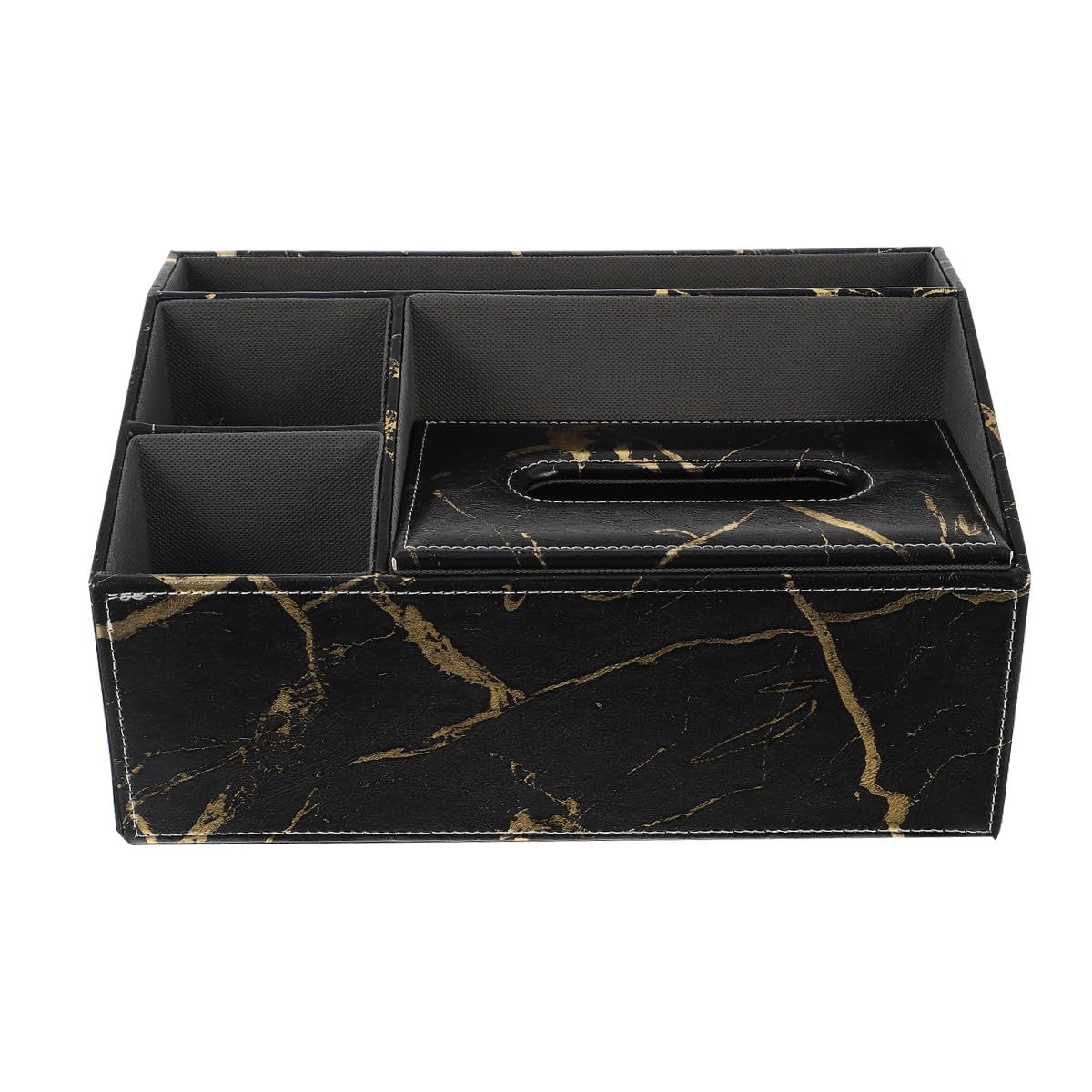 NUOBESTY Contenedor de Control Remoto de Cuero Negro 3 Compartimentos, Caja para Pañuelos y Organizador de Escritorio para Oficina, Mármol
