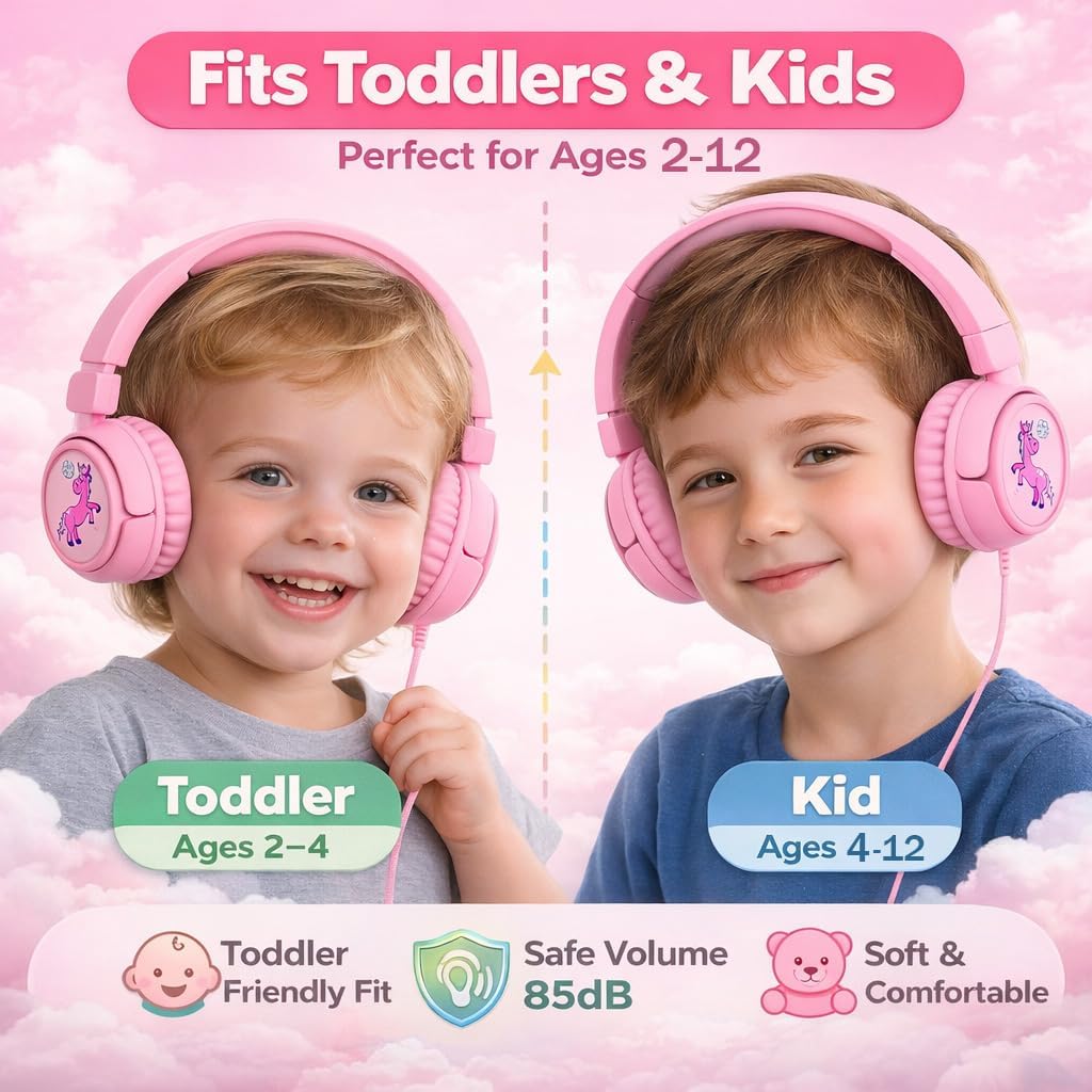 K6 Kids Headphones for Toddler & Kids Ages 2-12, 85/94dB Safe Volume Limited, Wired with 3.5mm Jack, HD Microphone, Adjustable & Foldable, On-Ear Headphones for Tablet, School, Travel, iPad