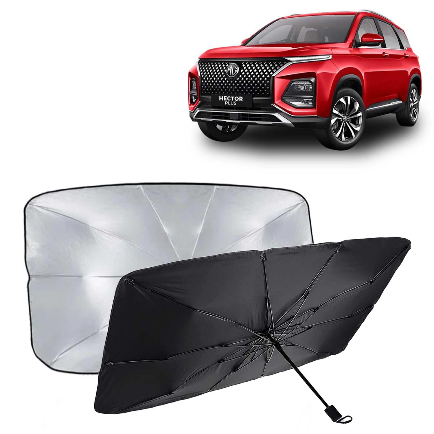 KINGSWAY® Car Sun Shade UV Protection Windshield Cover Compatible with Morris Garages (MG) Hector Plus, (Year 2020 Onwards), Universal Fit Umbrella Curtain for Front Window Rear Window, Black, 1 Piece