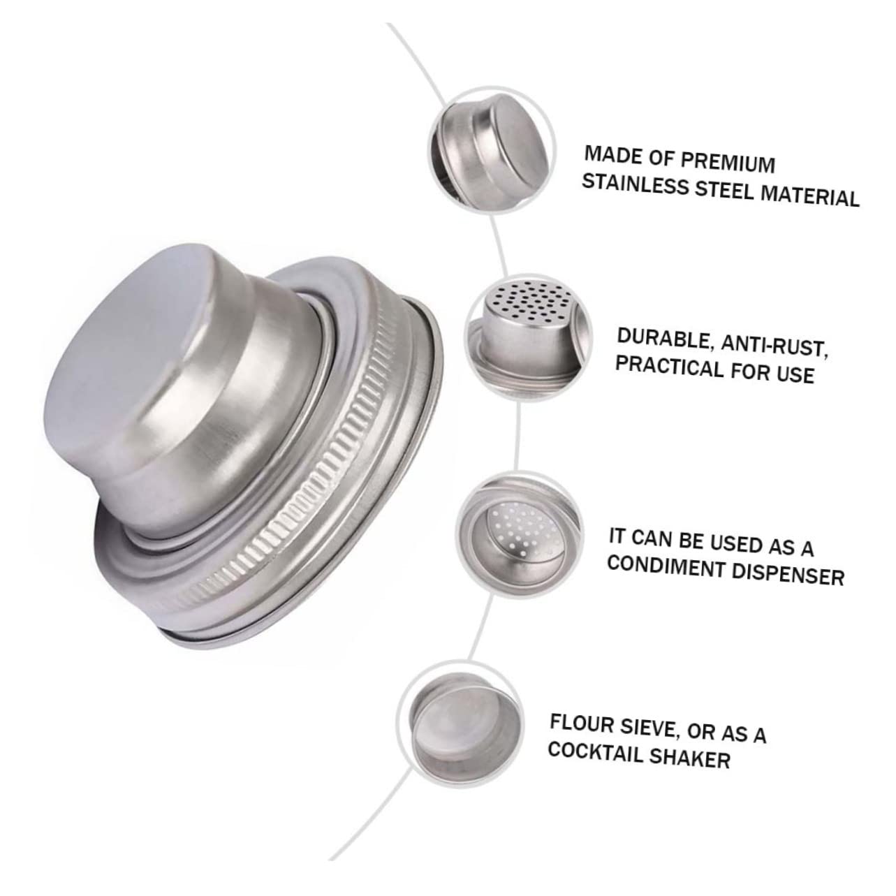 NAMOARLY 3 Pcs 304 Cocktail Shaker Lid for Jar Stainless Steel Pepper Shaker Lid Bartending Accessory