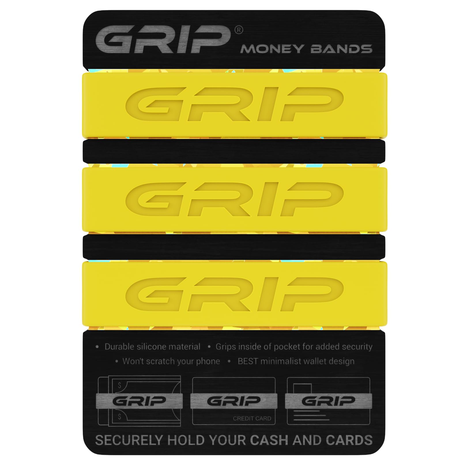 Grip Money Bands (Pack of 3) - YELLOW - Premium Silicone Band for Cash & Cards - Slim & Durable Design