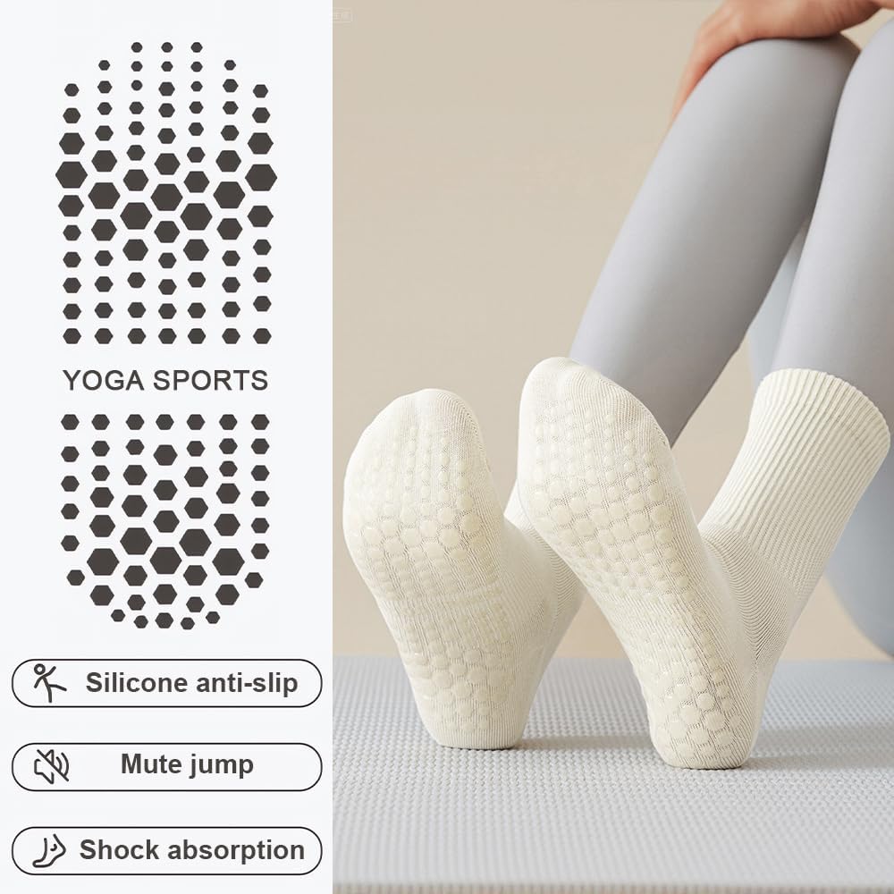 Grippy Pilates Socks with Grips for Women, Non Slip Yoga Socks, 3 Pairs (Crew-Black-White-Gray)