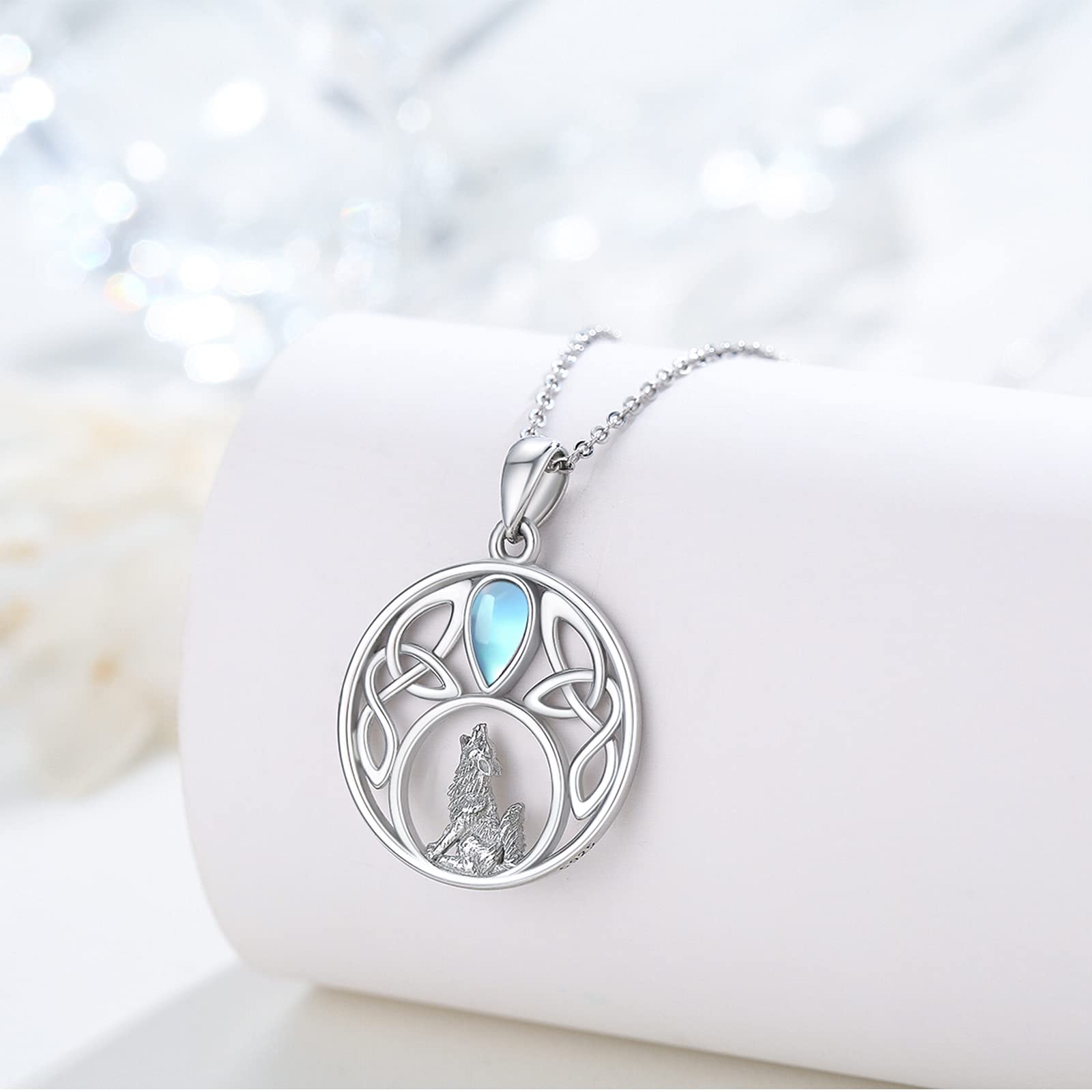 Wolf Kette 925 Sterling Silber Keltische Kette Mondstein Anhänger Wolf Halskette Schmuck Geschenke für Damen