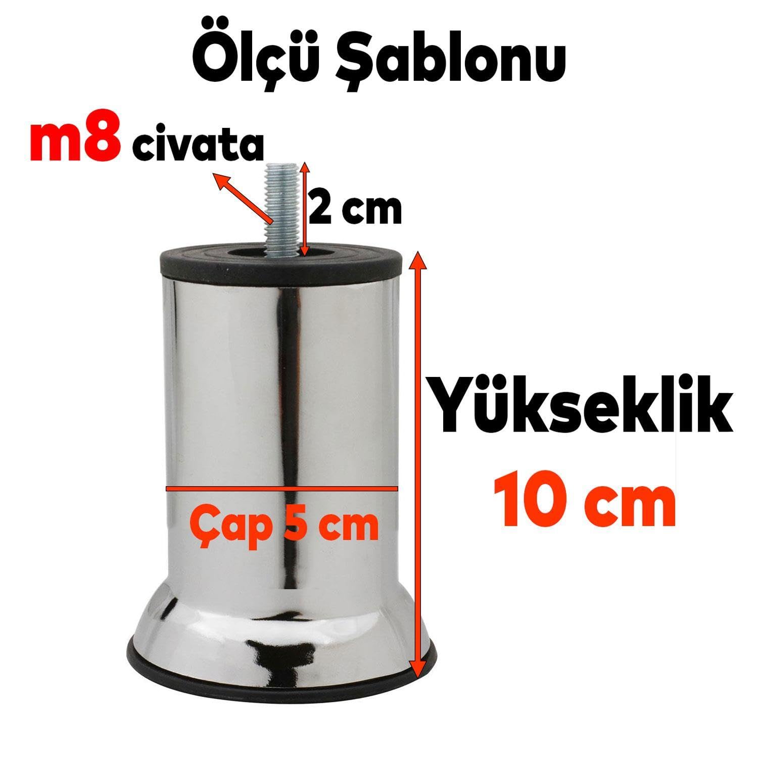 Badem10 Mobilya Kanepe Baza Koltuk Destek Yükseltme Ayağı M8 Civatalı Krom Metal Ayakları 10 cm 8 Adet