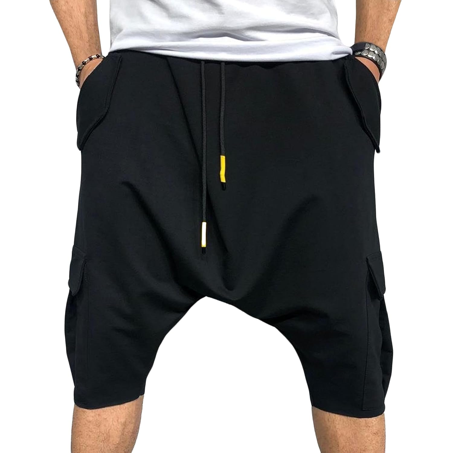 Mens Baggy Low Crotch 3 4 Joggers Hippie Harem Jogger Capri Pants Multi Pockets Drop Crotch Yoga Sweatpants