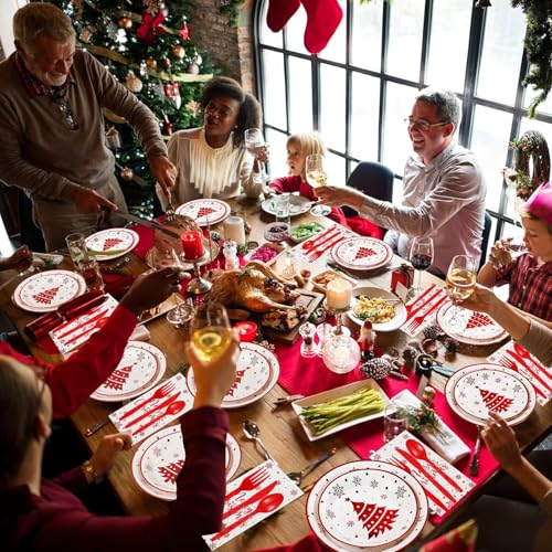 KAHEIGN 175Pcs Weihnachten Geschirr Set für 25 Personen, Papier Weihnachts Geschirrset mit 25Sets Speiseteller Salatteller Becher Servietten und wiederverwendbare Messer&Gabel&Löffel