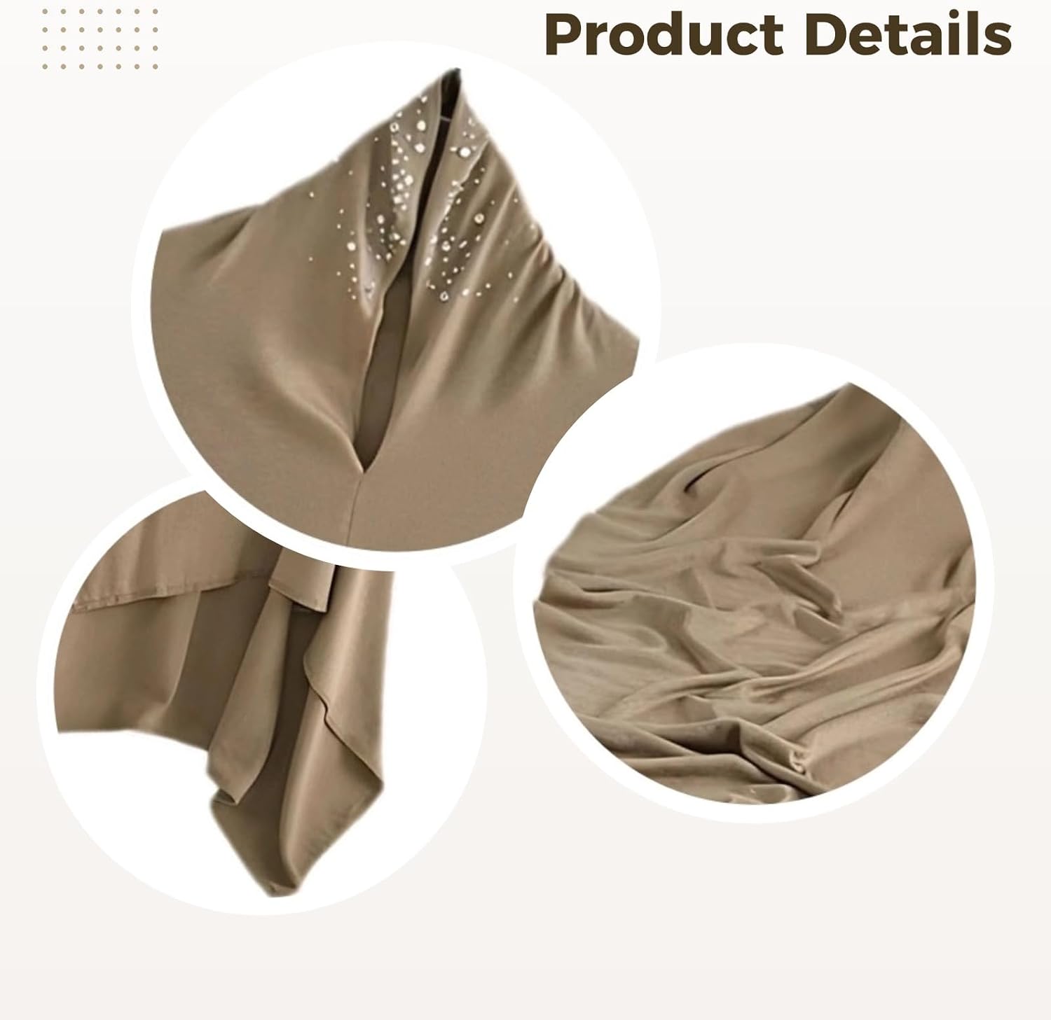 Rhinestone Silk Cotton Head Scarf, Khaki Amira Hijab, Muslim Style, Soft Drape, 170 x 55 cm Elegant Covering