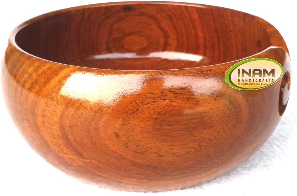 INAM HANDICRAFTS Sheesham Wood Crafted Wooden Yarn Storage Bowl with Carved Holes & Drills, Knitting Crochet Accessories, 7 x 7 x 3 inches