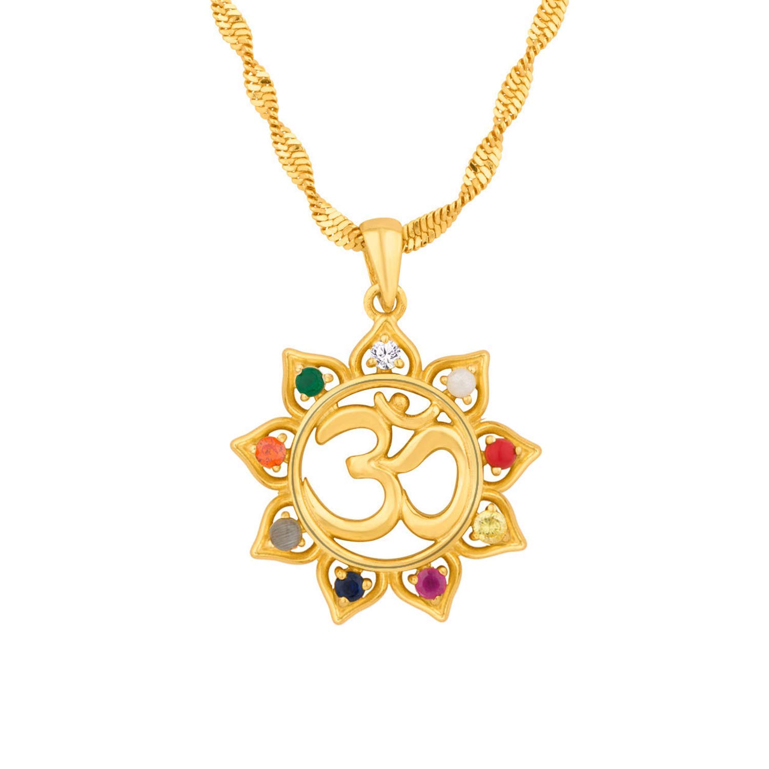 RUDRADIVINERudra Divine OM Chakra Navratan Pendant 24Ct Gold Plated with Real Semi-Precious Gemstone with Gold Plated Chain
