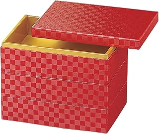 J-kitchens 御節重箱 日本製 3段 7寸 長角 紙 重レッド市松 20.5cm x 14.5cm x 16.8cm
