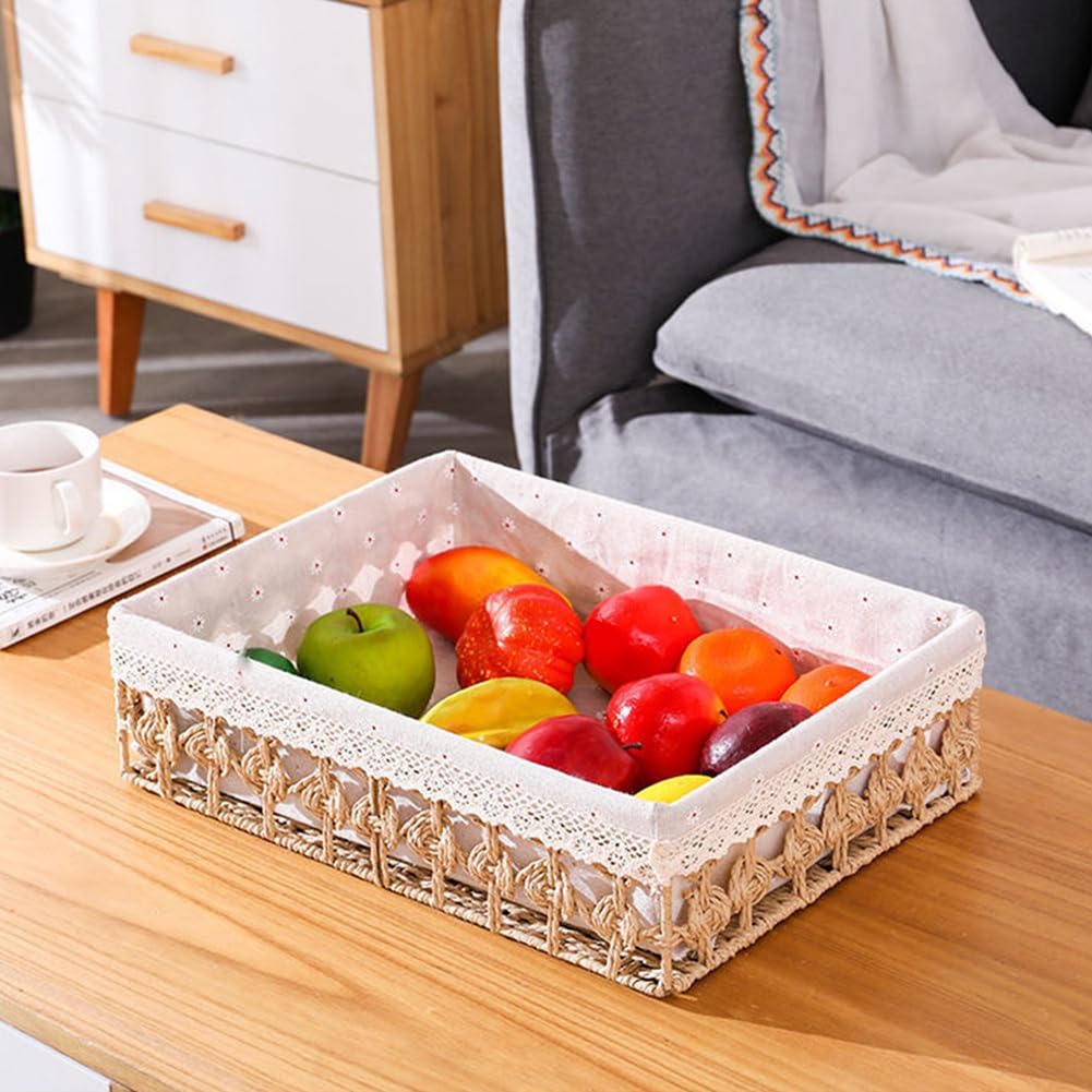 Cestas de Almacenamiento de RatáN, Cesta Tejida, Bandeja de Almacenamiento para Aperitivos, Pan y Frutas, Cesta de Picnic, Color Caqui
