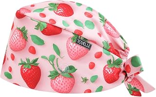 Strawberry Double-Sided Printed Scrub Caps for Women with Buttons, Adjustable Helps Reduce Static Buildup Medical Hats, Cute and Breathable Surgical Caps with Sweatband for Long Hours