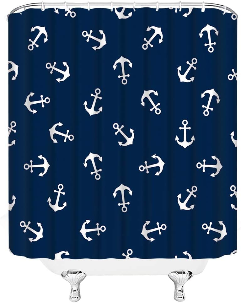 Anchor Pattern Shower Curtain Nautical Theme Navy Blue White Bathroom Curtains Decor Polyester Fabric Quick Drying 70x84 Inches Include Hooks