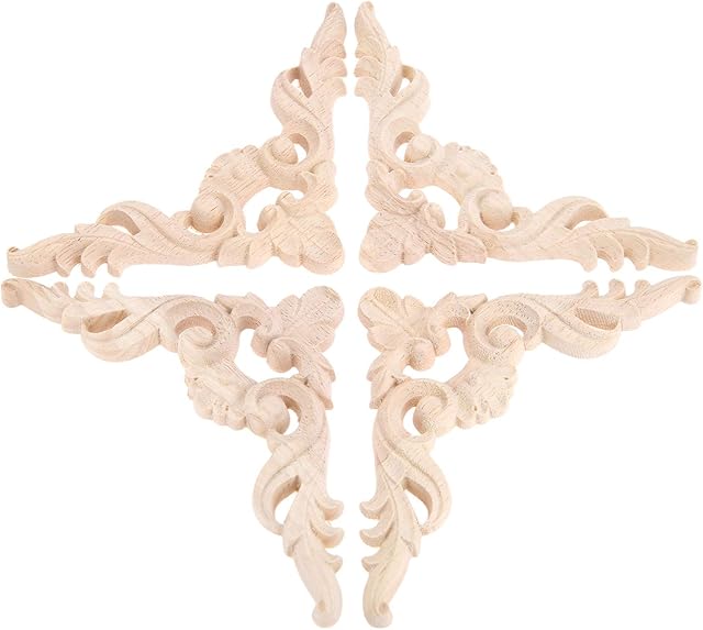 4Pcs Wood Carved Applique Decal Modern & European Handmade for Furniture Doors, Walls Ornamental Decor 10.5x10.5cm