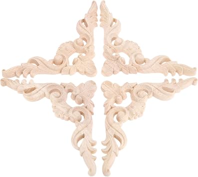 4Pcs Wood Carved Appliques Onlays Corner Flower Carving Decals Furniture | Unpainted Wooden Carvings for Cabinet Drawer Wall Bed Door Dresser Mirror Cupboard Wardrobe DIY, 10.5x10.5cm/4.13"x4.13"