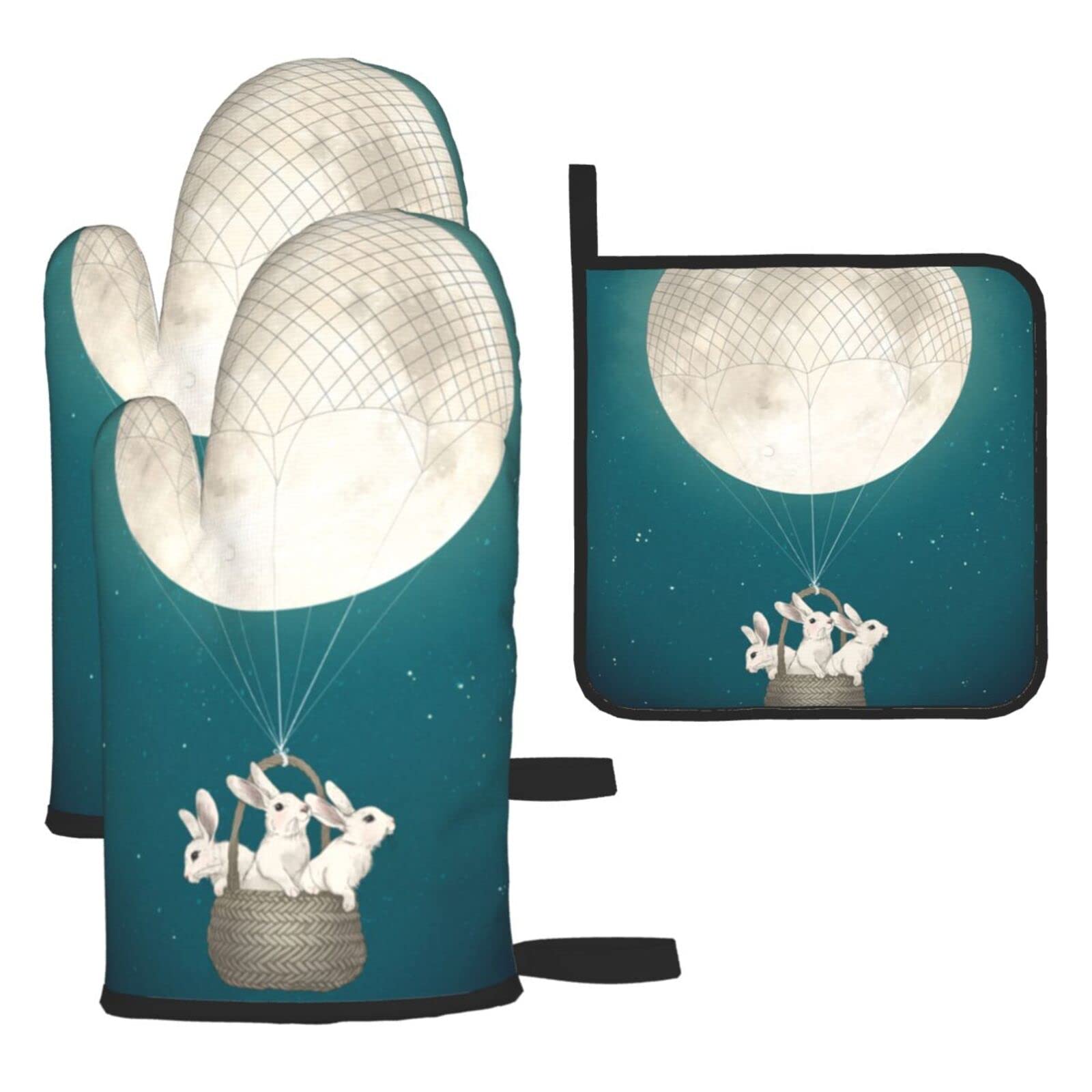 Cute Bunny Printed Kitchen Baking Three-Piece Heat-Resistant Thick Cotton Oven Gloves for Cooking and Baking.