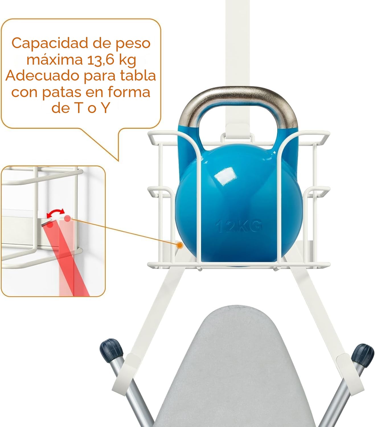Soporte de almacenamiento para tabla de planchar sobre la puerta/pared, color negro (blanco)