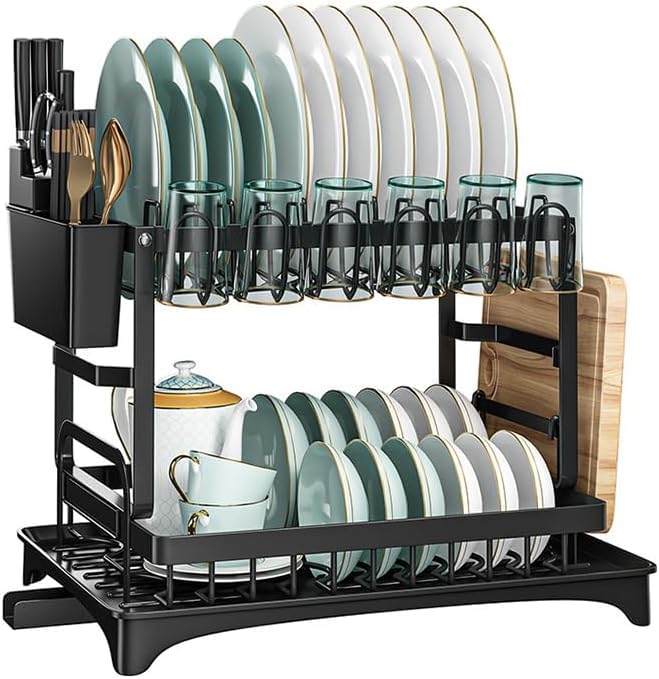 Image of YHK Dish Drying Rack, Rustproof Dish Racks for Kitchen Counter with Removable Utensil Holder,Knife Slots and Cups Holder,Large Capacity Drying Rack for Storage Plates Bowls Cups Utensil (YHK-02)