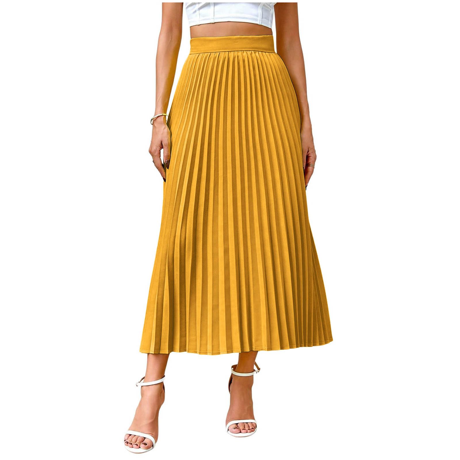 Womens Satin High Waist Midi Skirts Business Casual Pleated Flowy A Line Swing Maxi Skirt Work Office Clothes