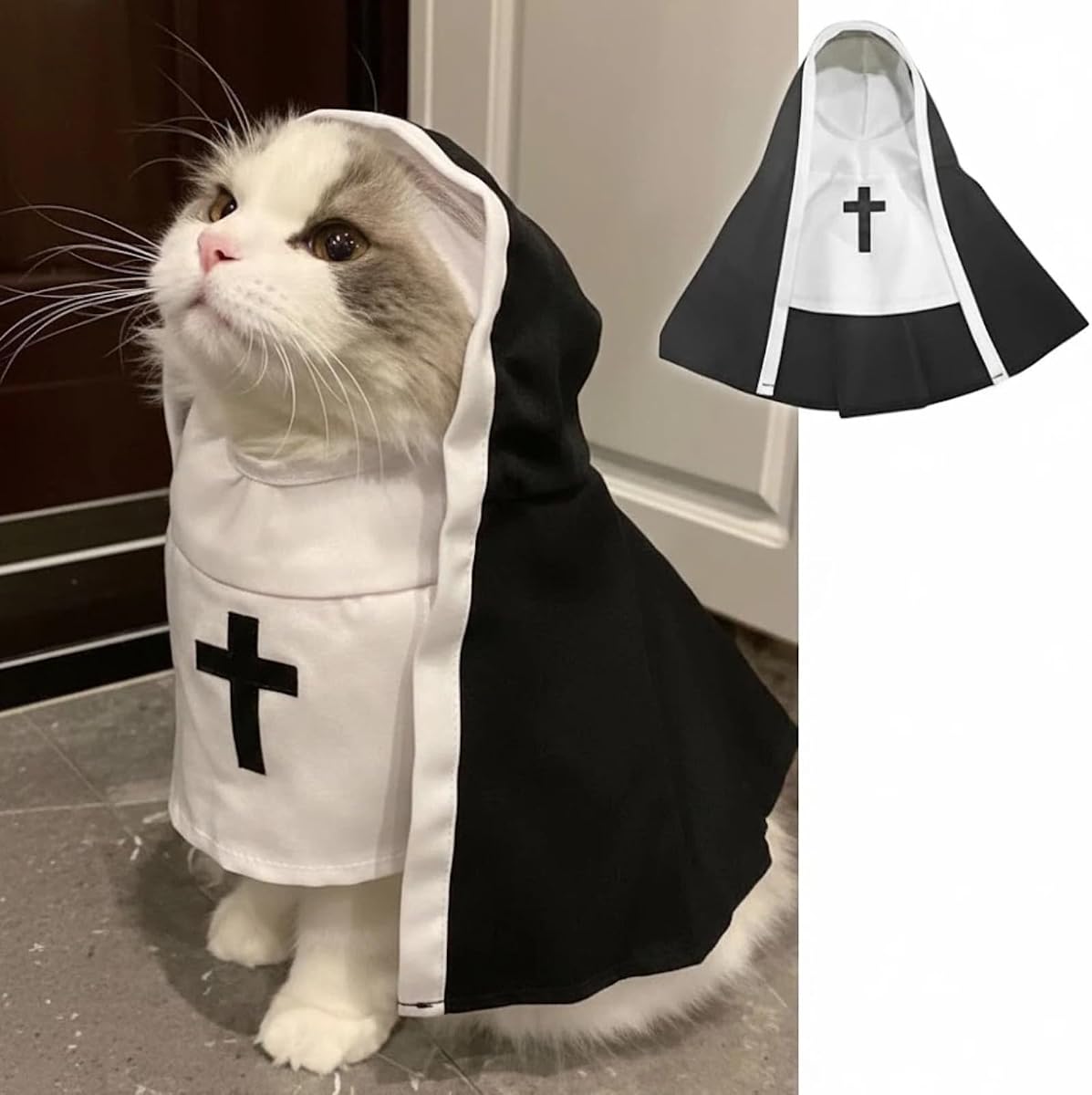 MANON ROSA Cat Halloween Costume, Funny Nun Dress for Cats & Small Dogs, S
