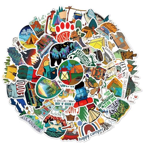 50Pcs Waterproof Camping Stickers Pack, Unique Outdoor Adventure Themed Decals for Water Bottles,...