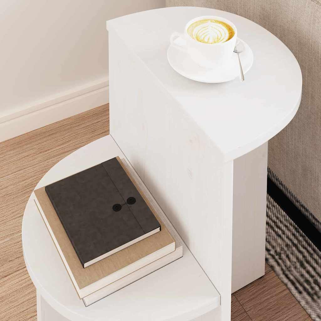 Couchtisch Weiß Massivholz Kiefer 50 x 40 x 50 cm rund Wohnzimmer Beistelltisch mit Ablage Stauraum, Stabiler Sofatisch für Lounge und Kaffeezubehör