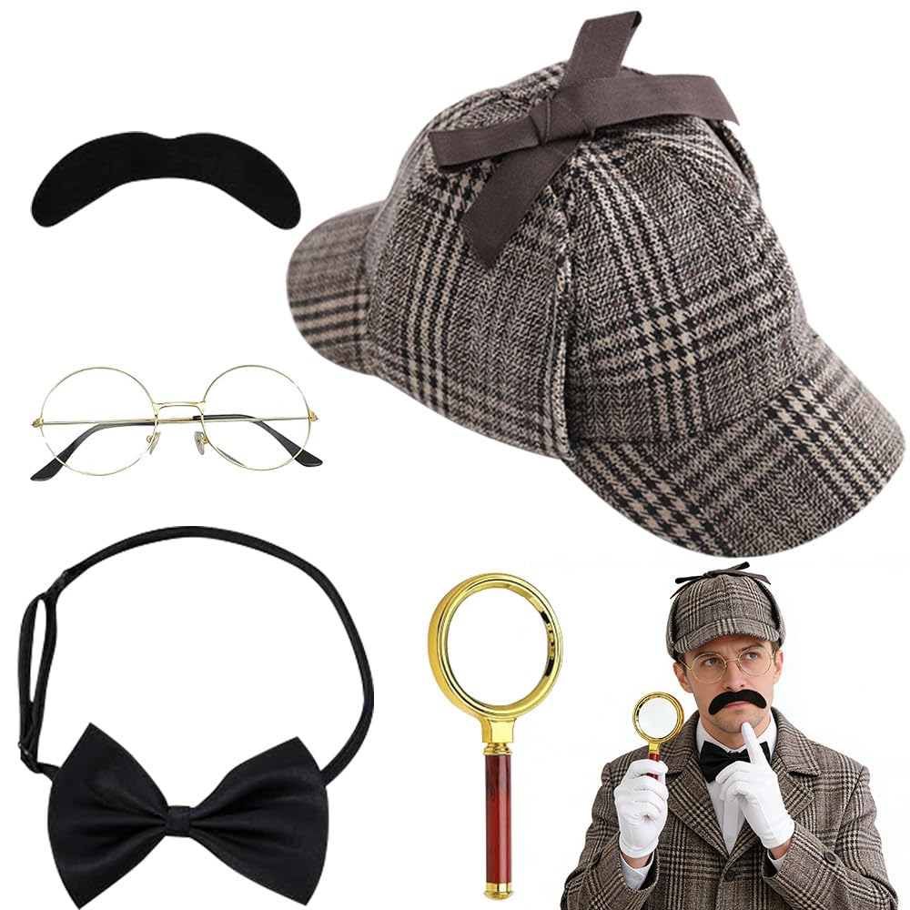 Zestaw akcesoriów do kostiumu detektywa, 5 sztuk, kostium Sherlocka Holmesa, rekwizyty do cosplay detektywa, z kapeluszem detektywistycznym, metalowymi okularami, lupą, muszką męską, brodą, dla