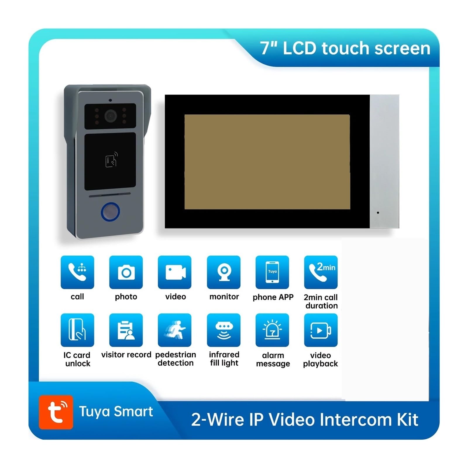 Wideodomofon, Tuya Wifi 1080P 2-żyłowy inteligentny zestaw wideodomofonowy do domu z wideodomofonem, 7-calowym ekranem dotykowym IPS LCD, dzwonkiem drzwi, zabezpieczeniem D41(1to1 7inch TF 32GB)
