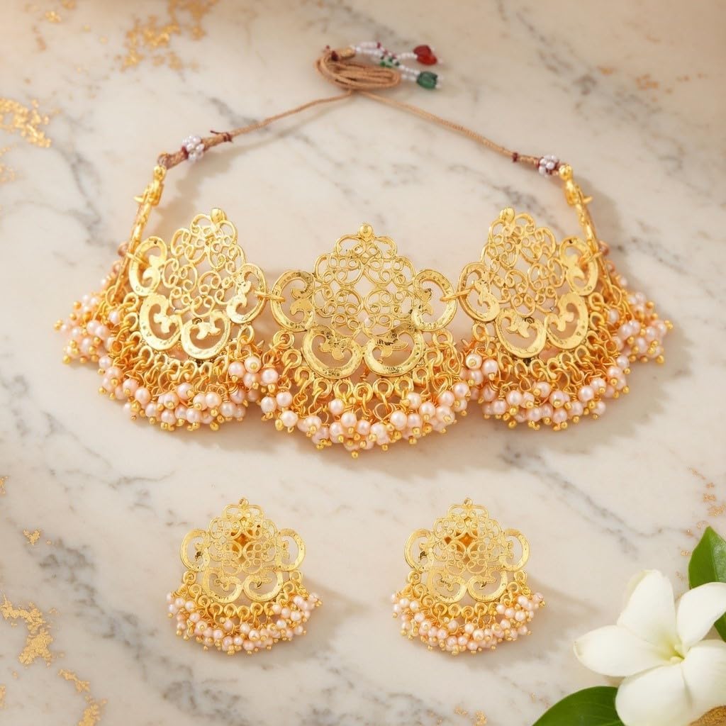 Efulgenz Indian Jewellery Set Traditional Faux Pearl Beaded Choker Necklace Earrings Bollywood Jewellery Set for Women