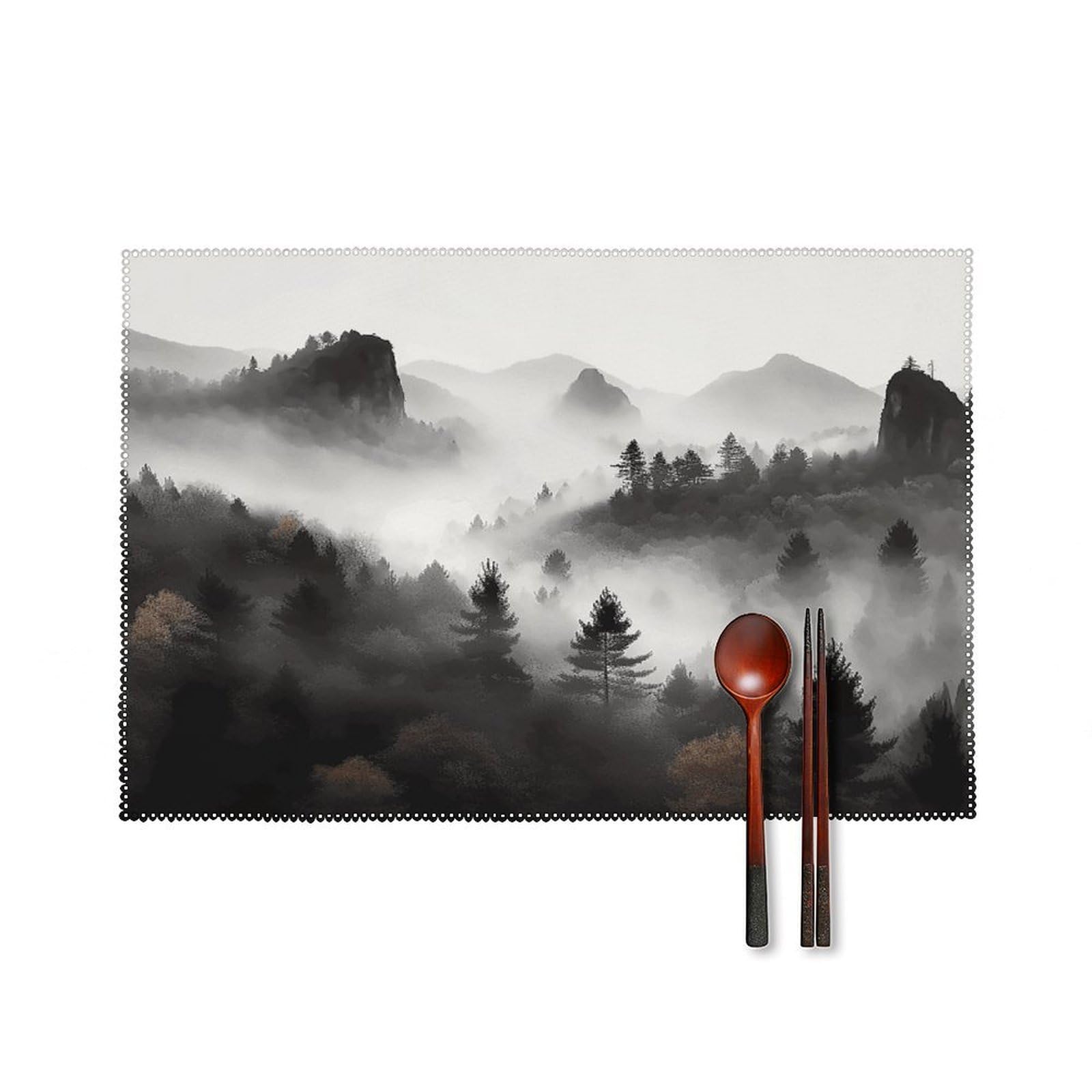 Foggy Mountains Forest Placemats Set of 6 Heat Resistant Non-Slip Place Mats Washable Wipeable Table Mats Elegant Farmhouse Placemat for Kitchen Dining Outdoor Party Table Decor