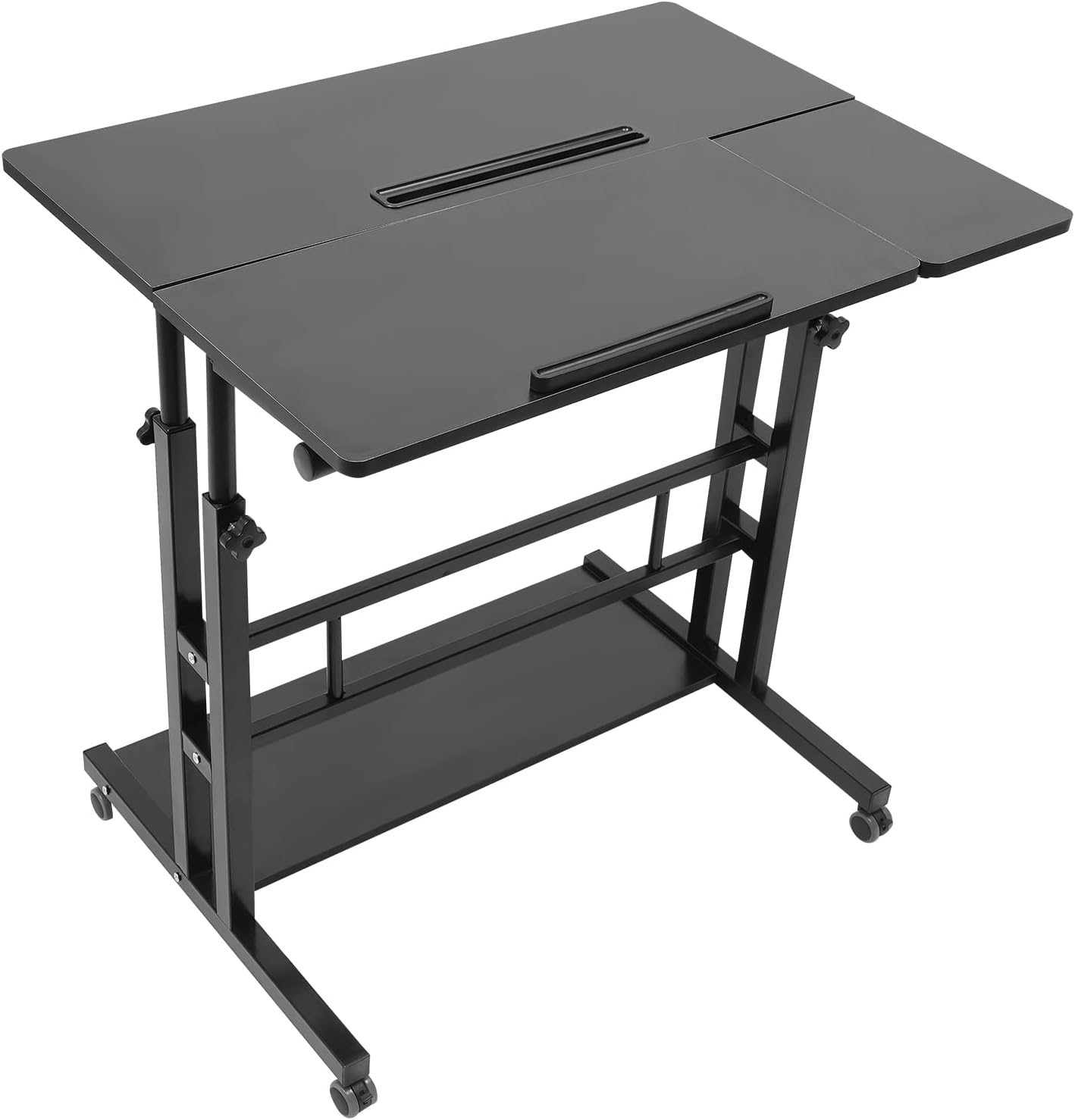 Laptop Desk, 31.5'' Adjustable Height Rolling Desk, 4 in 1 Portable Mobile Stand Up Desk, Home Office Workstation, Desk Organizer with Bottom Pedals, for Bedroom, Living Room (Black)