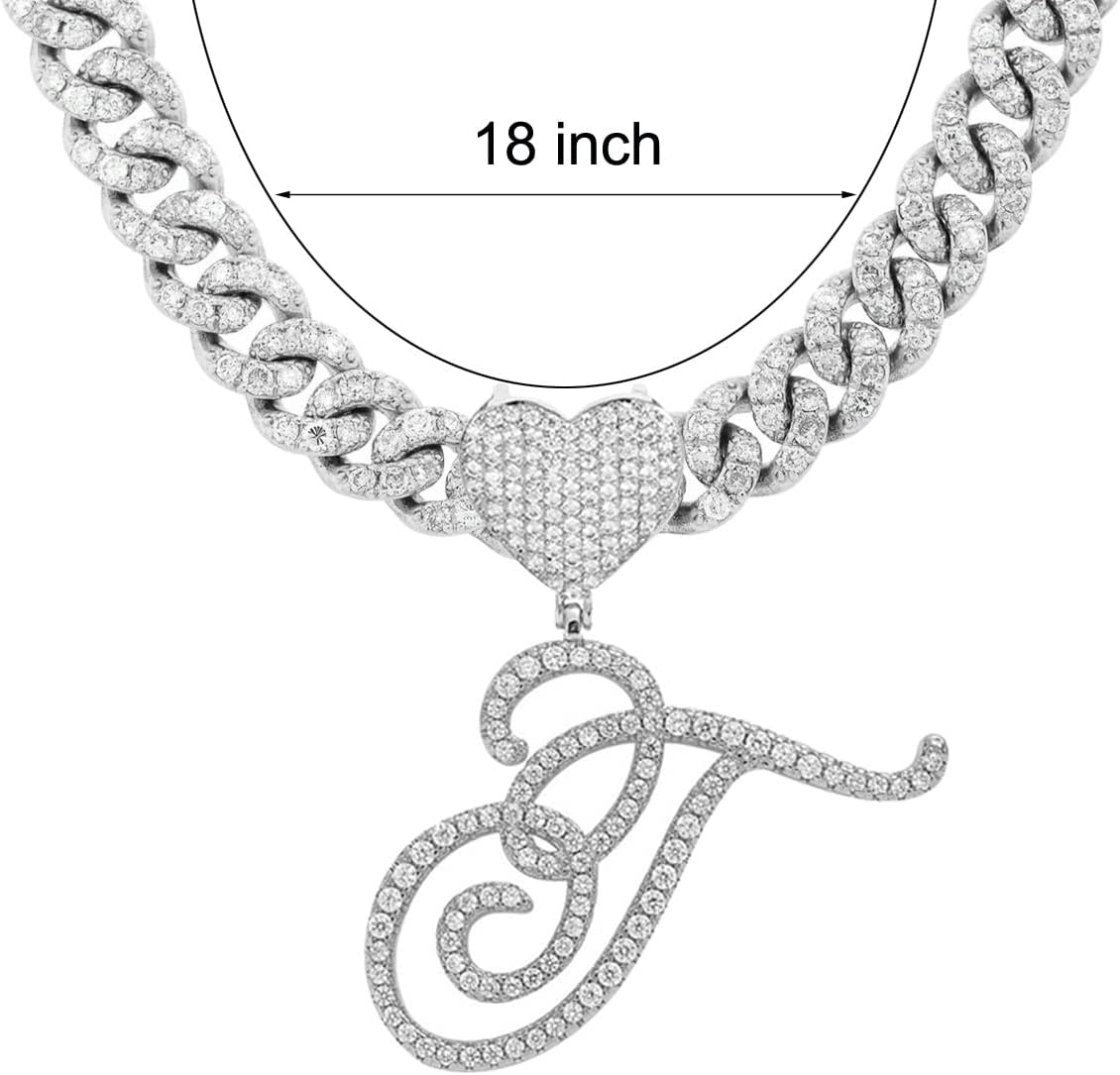 Initial Necklaces Silver Cuban Link Chain for Women Iced Out Chain with Heart Letter Pendants Custom Chain Name Necklace Hip Hop Jewelry Gift - Image 2
