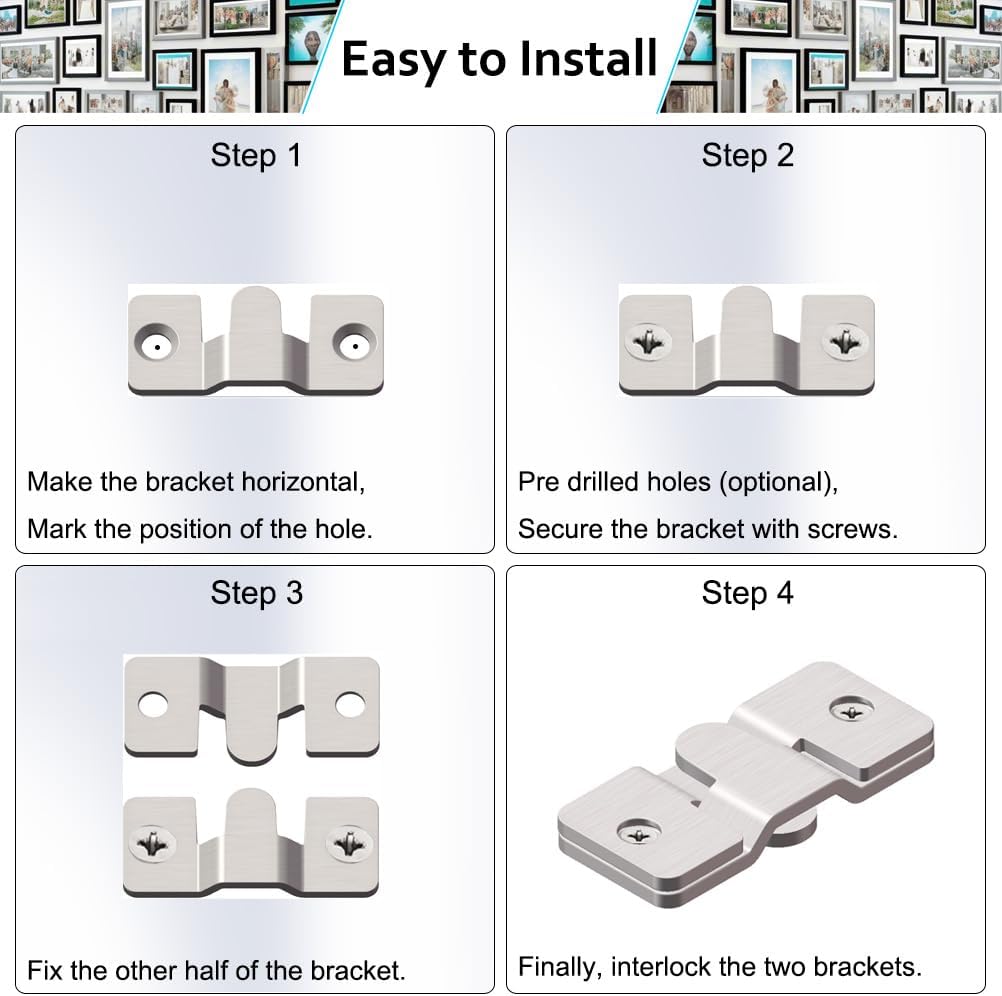 24 Pack Flush Mount Brackets 1.7in x 0.75in Stainless Steel Interlock Hook Picture Hanging Buckle, Heavy Duty Photo Hanger Sectional Connector Wall Mounting DIY Brackets with Screws