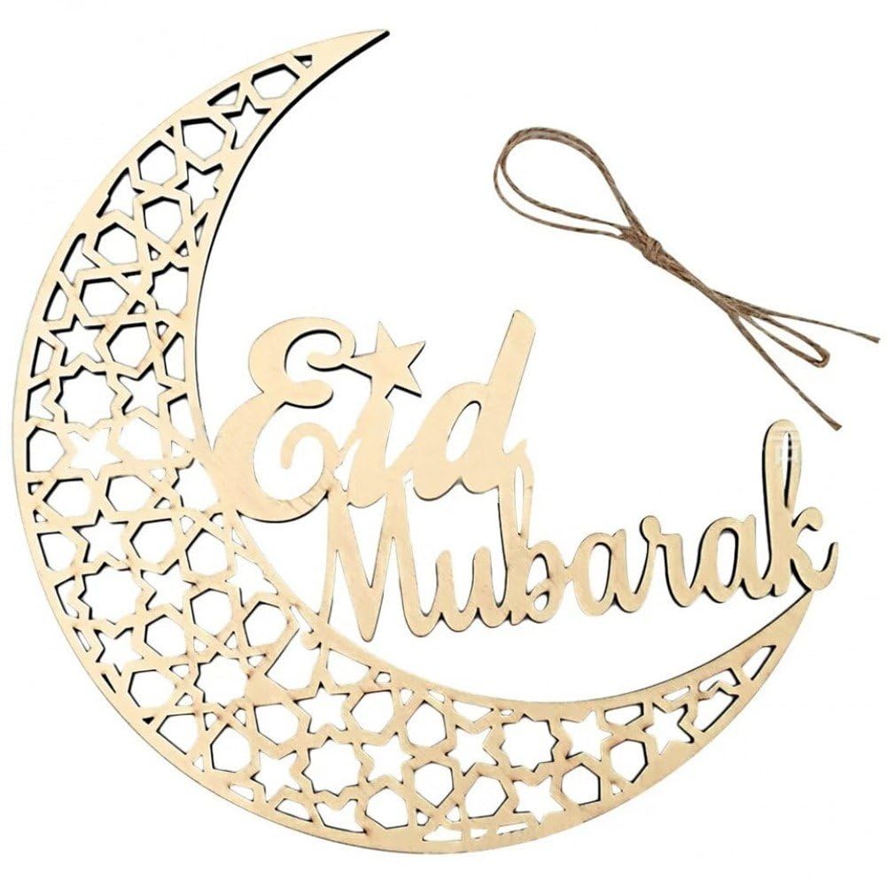 Ornamento colgante de madera Eid Mubarak con grabado calado de precisión para Ramadan