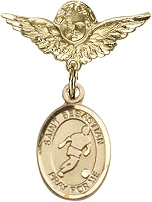 14kt Yellow Gold Baby Badge with St. Sebastian/Soccer Charm and Angel w/Wings Badge Pin 1 X 3/4 inches
