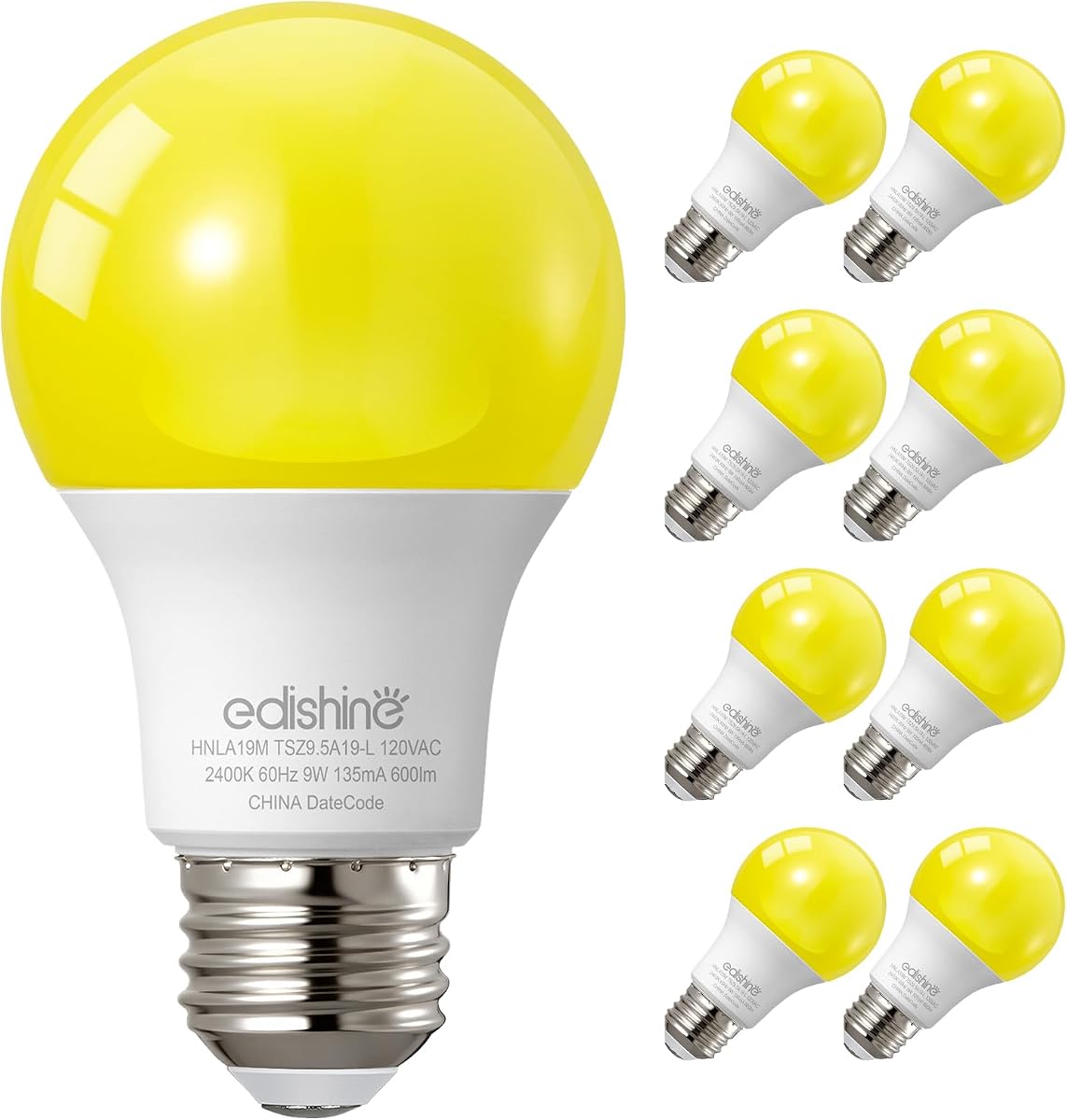 EDISHINE A19 Yellow Light Bulb, 9W(60W Equivalent), 600LM, 2400K Amber Glow Outdoor Bug Light Bulbs, Non-Dimmable, E26 Medium Base, UL Listed, 8 Pack