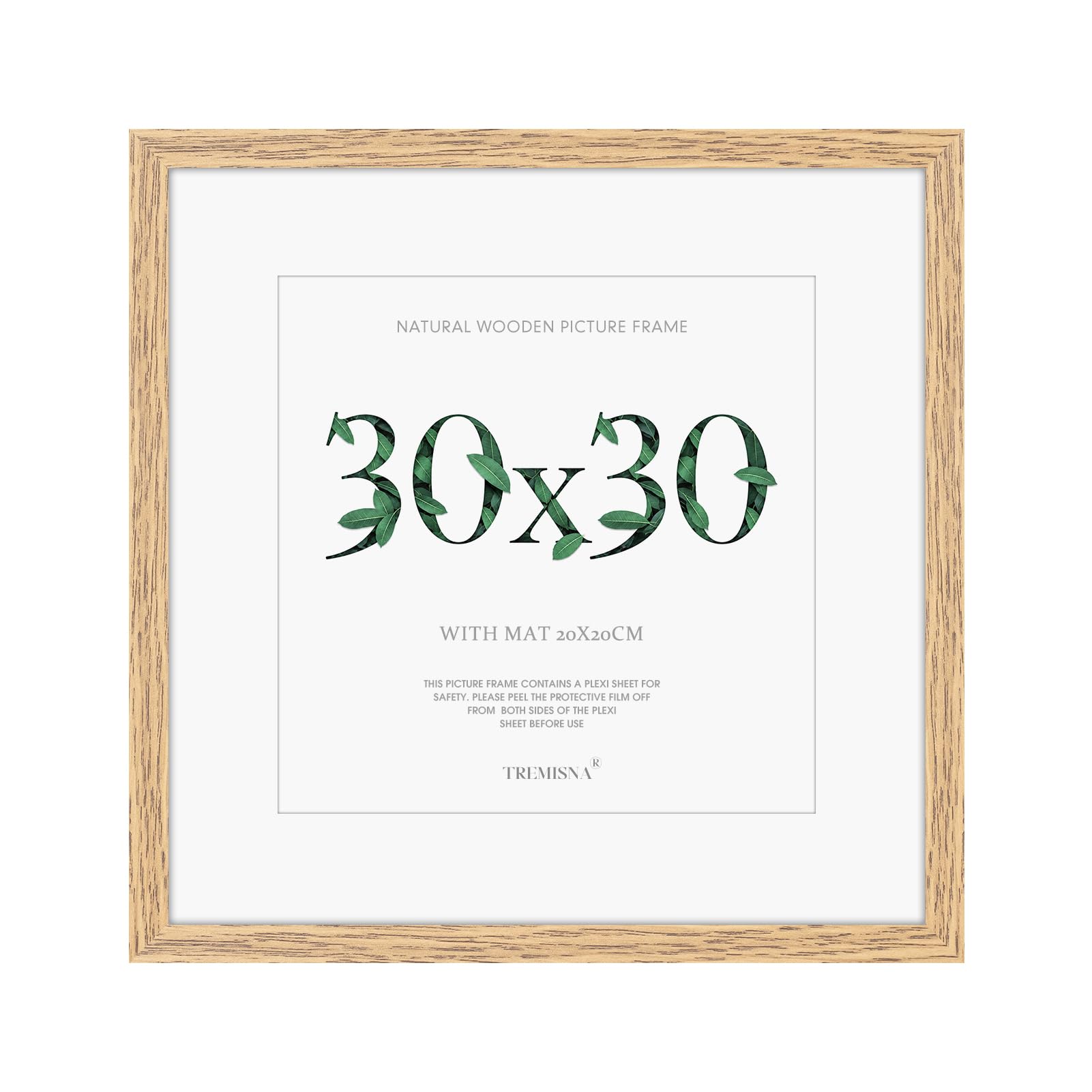 Tremisna® 1x Picture Frame 30x30cm Natural Wood. With HD Perspex Photo Frames with 20x20cm Mount for Wall Mounting Display