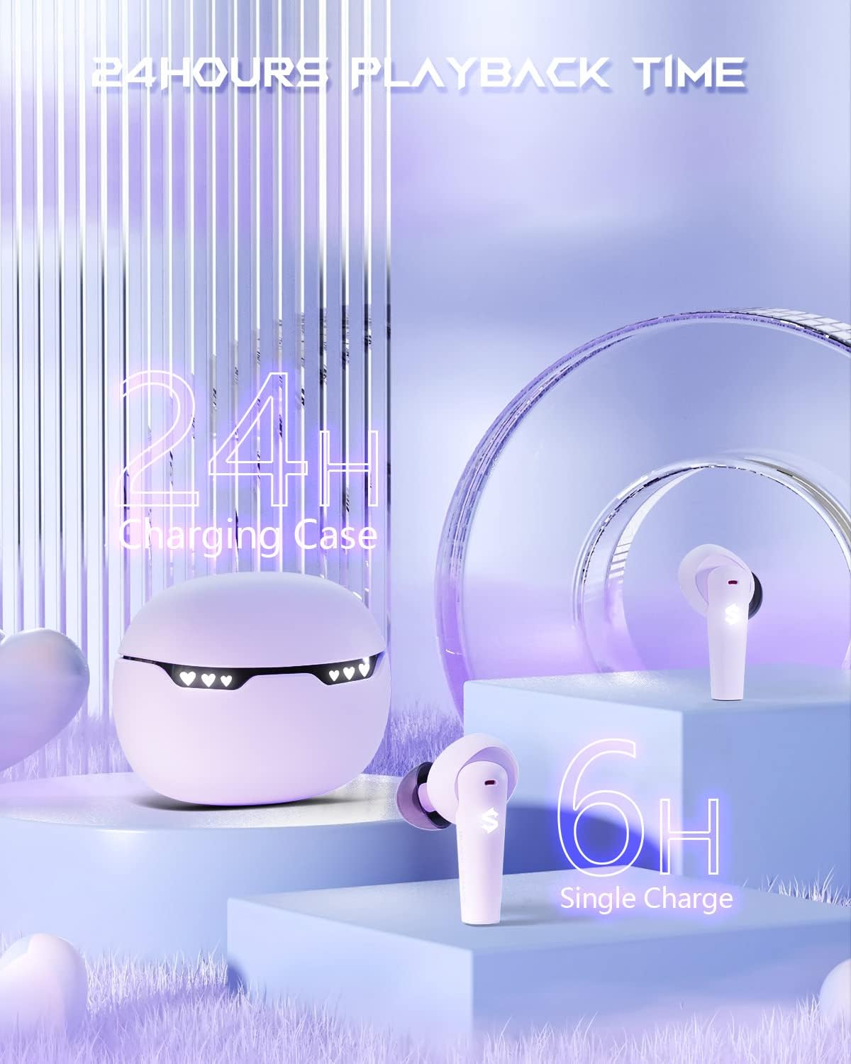 Black Shark Wireless Earbuds with Emoji LED Light, Gaming Earbuds with 45ms Ultra Low Latency, Bluetooth 5.1, Music and Gaming Dual Modes, 24H Playtime, IPX5 Waterproof - Purple - Image 4