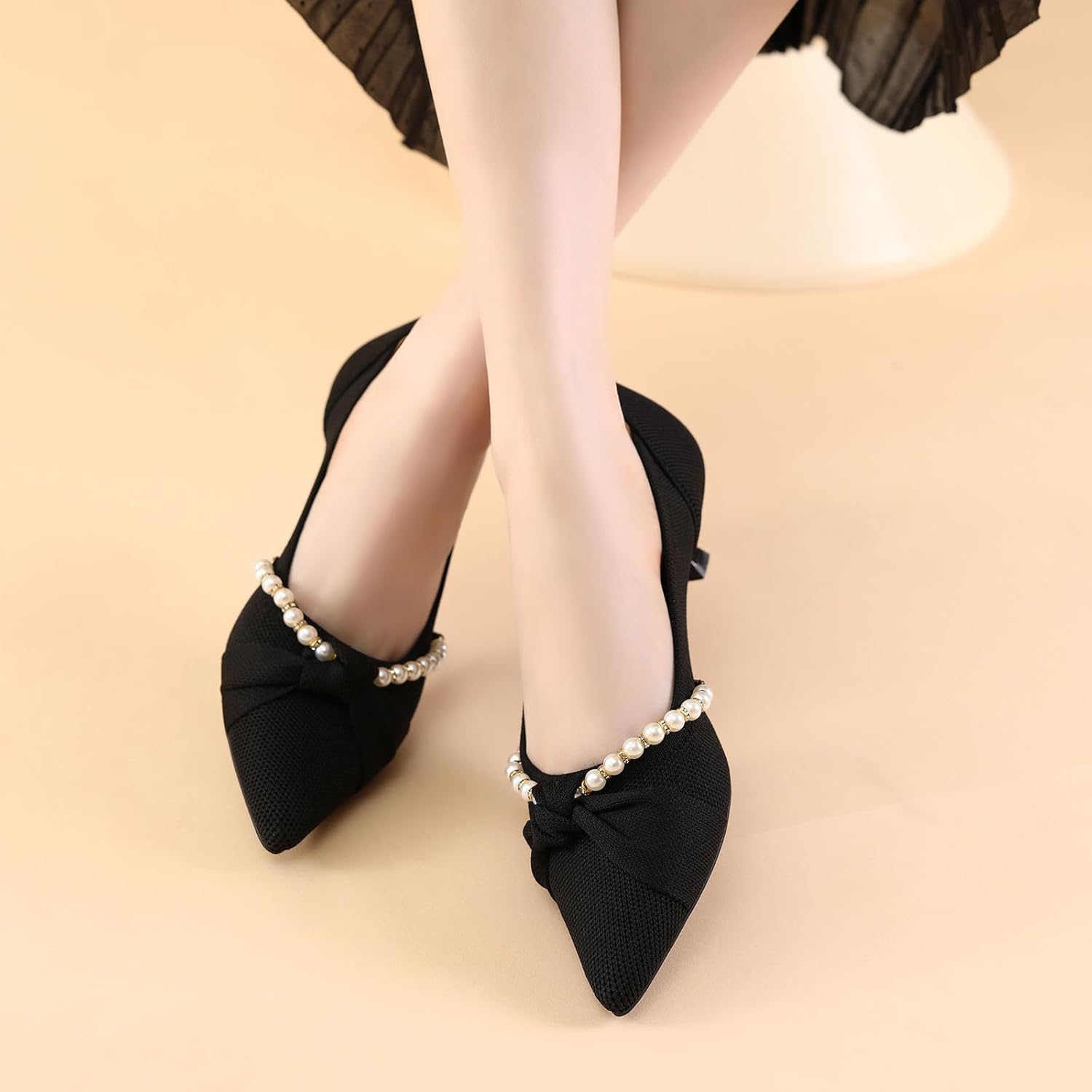 HROYL Women's Knit Pumps Kitten Heel Pointed Toe Comfortable Party Work Bow Dress Shoes - Image 5