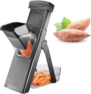 GEFU Mandoline tout-en-un | Pour patates douces, légumes et fruits jusqu'à 8 cm de diamètre | Avec bac de récupération, lames réglables et pied à ventouse | Acier inoxydable