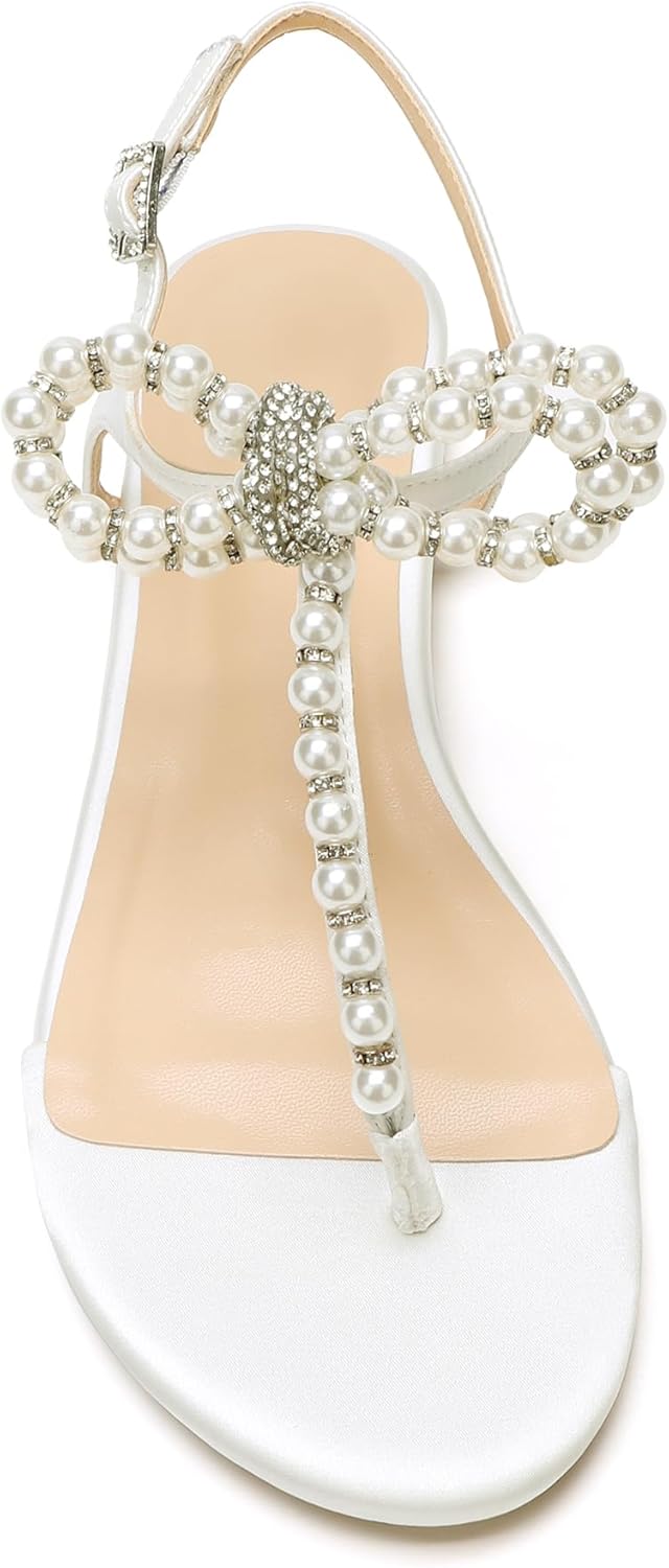 Women T-Strap Thong Sandals with Pearl Roman Style Flats with Bow,Bohemian Casual Beach Slingback Flat Sandals - Image 5