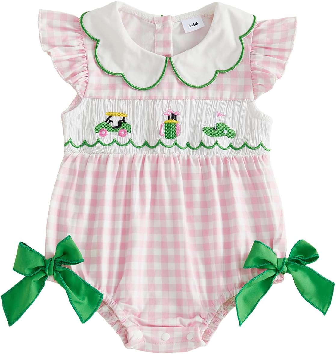 Baby Girl Clothes Golf Cart Flagstick Embroidery Plaid Ruffle Sleeveless Romper Jumpsuit Smocked Bubble Outfit