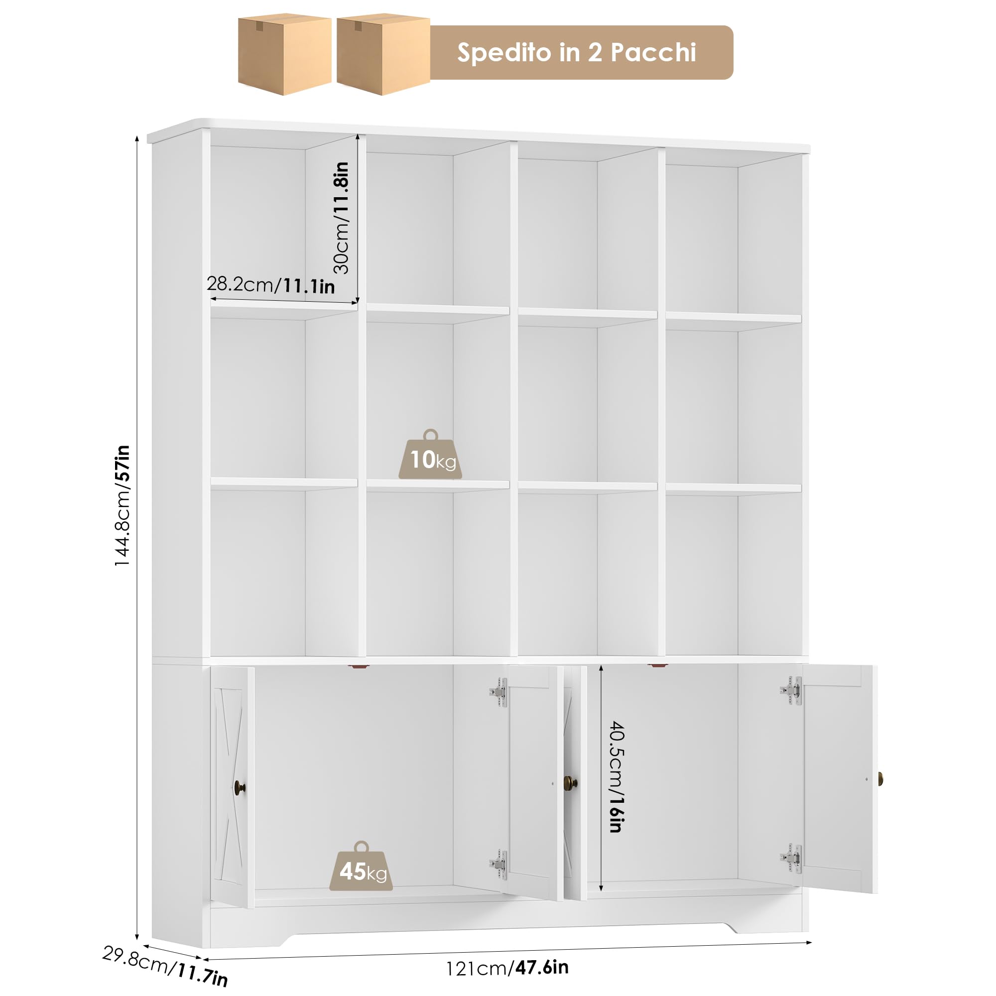 FirFurd 144.8cm Libreria, Libreria da Parete a 12 Scomparti, Bianco