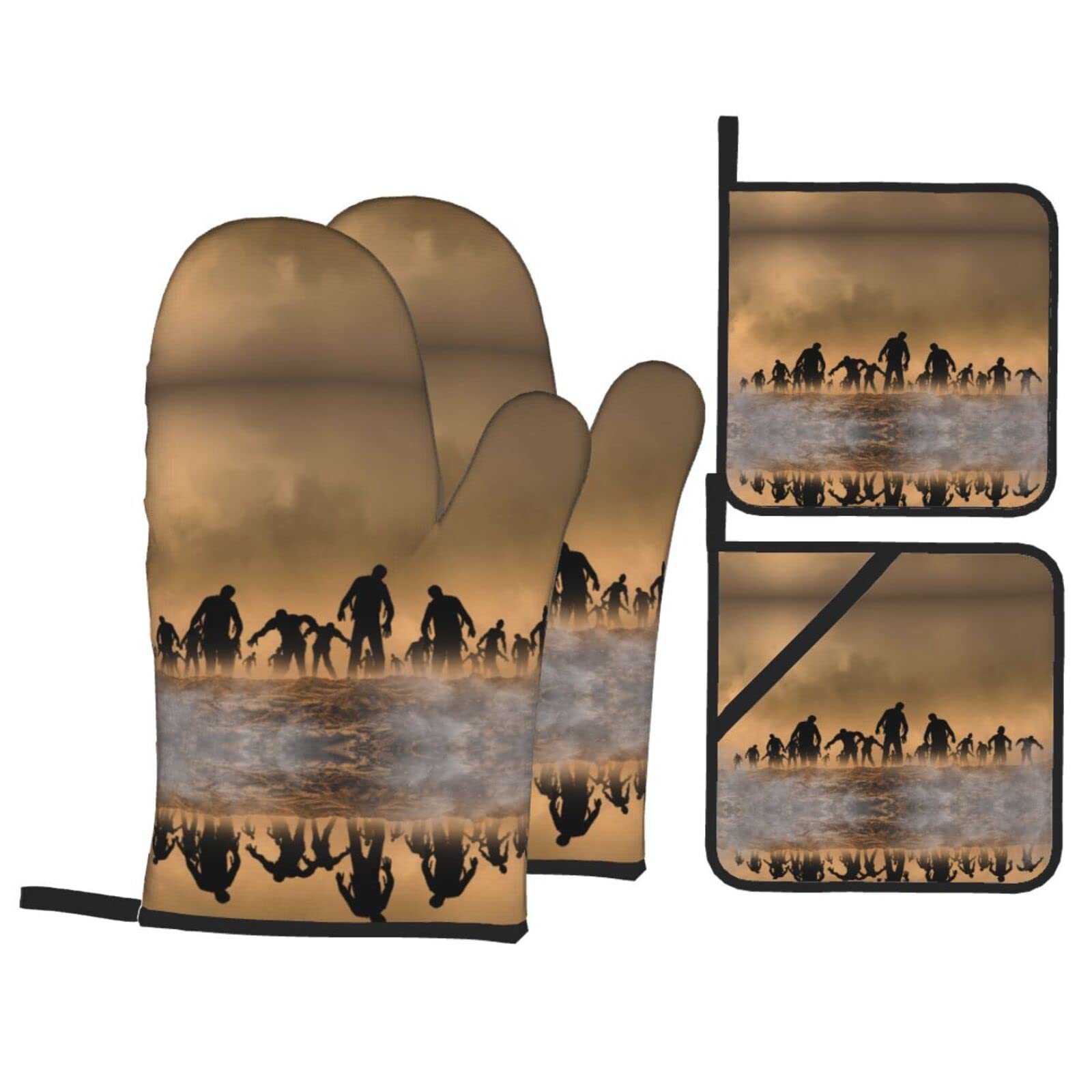 Many Zombie Oven Mitt and Pot Holder 4-Piece Set for Kitchen, Outdoor Grill, Baking