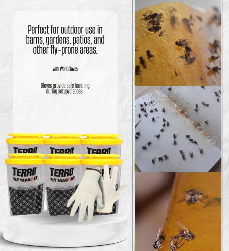 6X TERRO Fly Magnet Disposable Fly Trap 1 pk Bundle with Work Gloves – Outdoor Trap attracts and captures Common Flies; Simple Setup with no-Mess Disposal After use – Gift Set (7 Items)