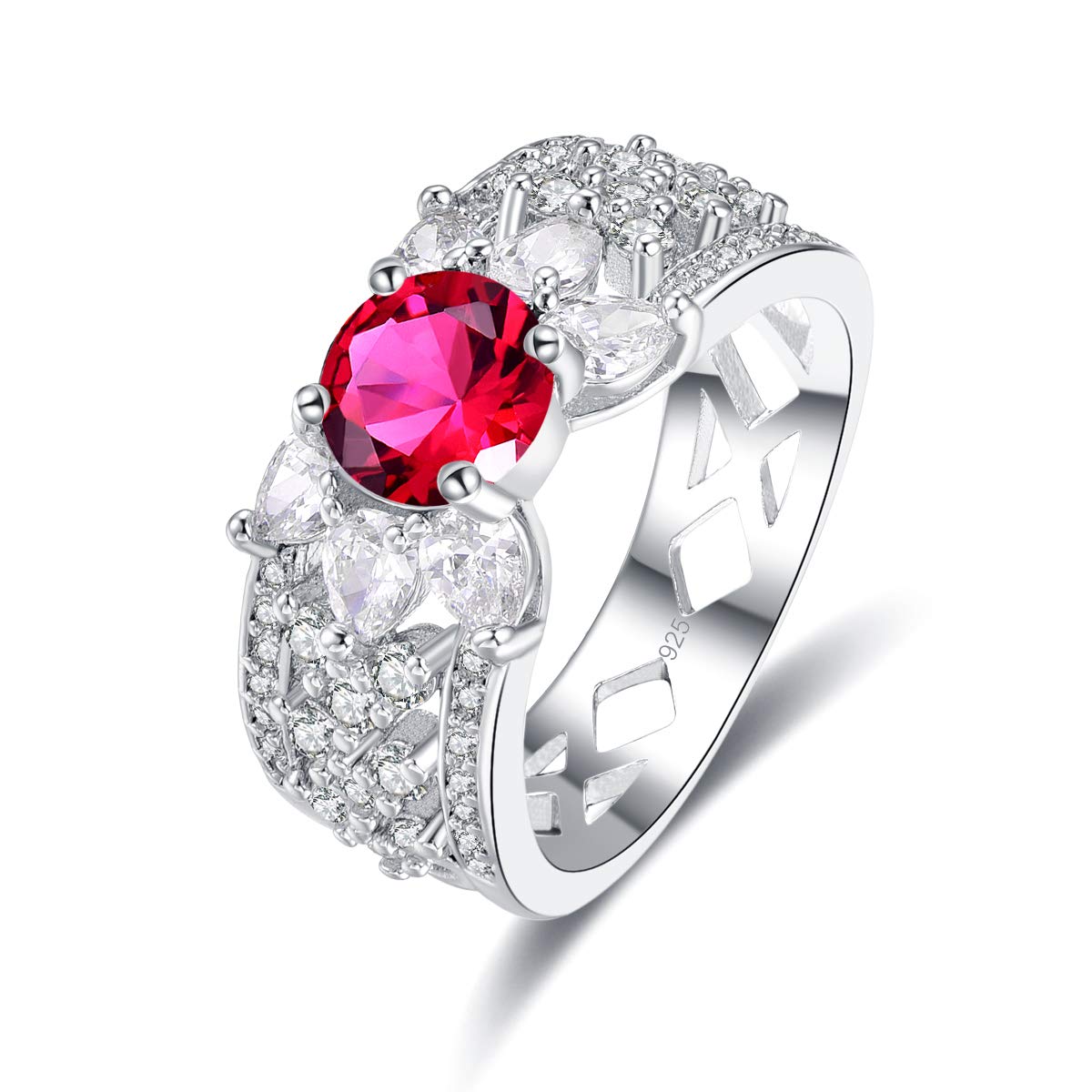 Emsione 925 Sterling Silver Plated Floral Cubic Zirconia Round Brilliant Cut Anniversary Wedding Engagement Ring Band for Women Size 9 Color Red
